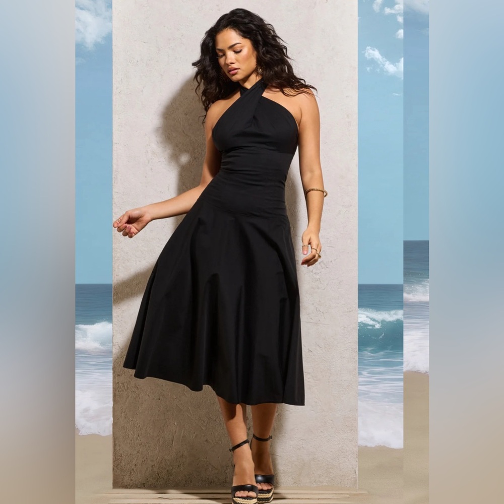 Saint-Malo Black Halter-Neck Midi Dress